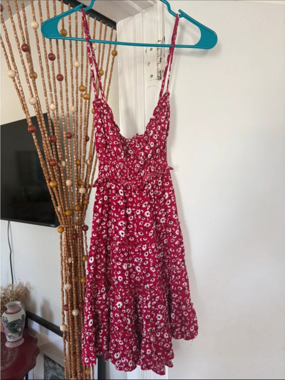 Source Unknown Red Floral Mini Dress with White Accents